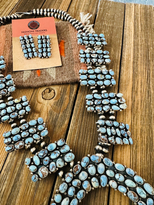 Navajo Golden Hills Turquoise & Sterling Silver Squash Blossom Necklace Set by B. Yellowhorse
