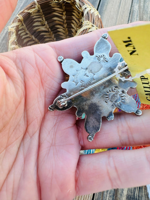 Old Pawn Handcrafted Turquoise and Sterling Silver Cluster Brooch