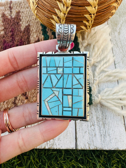 Old Pawn Handcrafted Turquoise, Opal and Sterling Silver Inlay Pendant