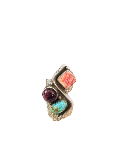 Handcrafted Old Pawn Sterling Silver, Turquoise, Spiny & Amethyst Adjustable Ring