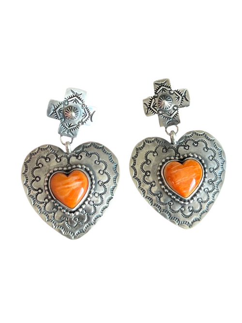 Apache Sterling Silver and Orange Spiny Oyster Shell Hand Stamped Heart Earrings by Rosella Paxson