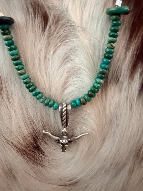 Handmade Sterling Silver & Turquoise Beaded Bullhead Necklace