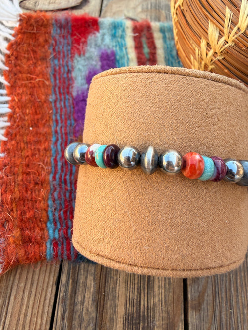 Handcrafted Spiny Oyster, Turquoise & Sterling Silver Beaded Stretch Bracelet