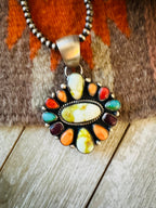 Handcrafted Electric Rainbow Turquoise, Spiny & Sterling Silver Cluster Pendant by Angela Martin