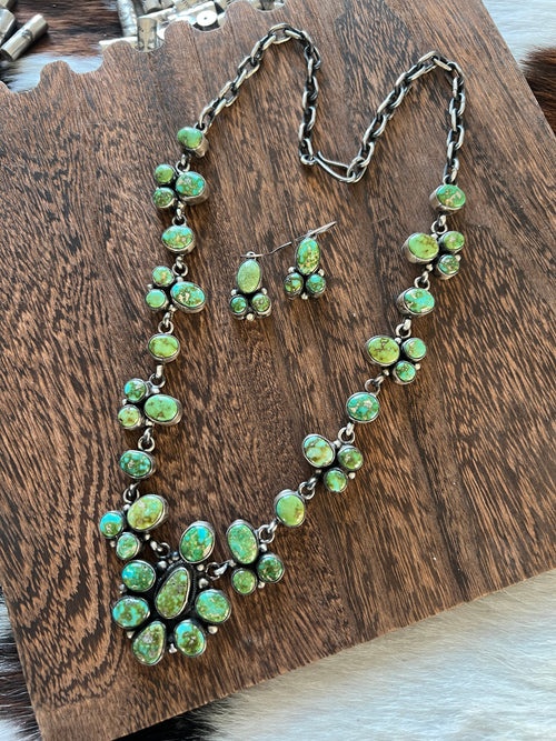 Navajo Sterling Silver and Sonoran Gold Turquoise Electric Rainbow Cluster Necklace with Earrings by Bea Tom