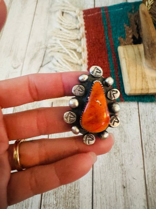 Old Pawn Navajo Sterling Silver & Orange Spiny Ring Size 8.5