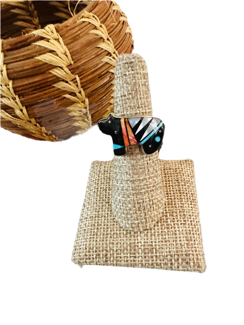 Old Pawn Navajo Sterling Silver & Multi Stone Inlay Bear Ring Size 5.5