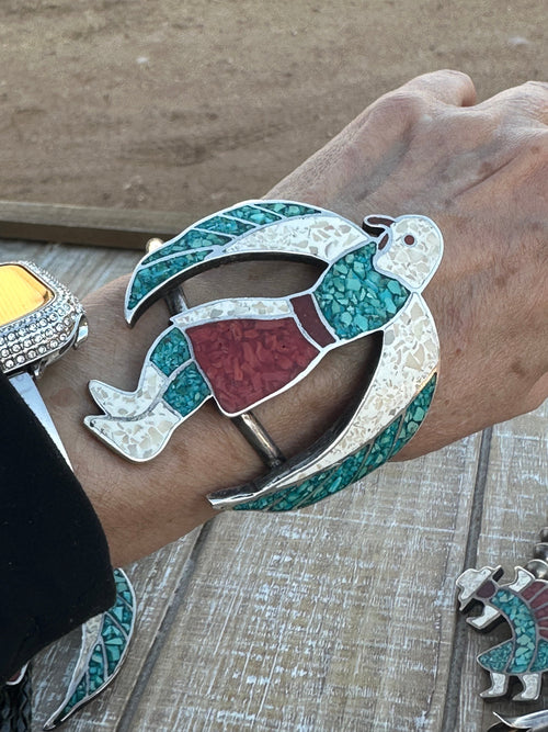 Handcrafted Old Pawn Vintage Chip Inlay Eagle Dancer Sterling Silver 5 Piece Jewelry Set