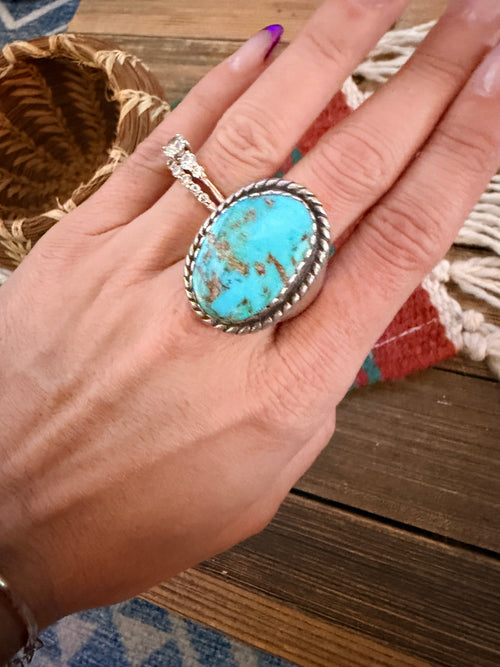 Old Pawn Handcrafted Turquoise & Sterling Silver Cigar Band Ring Size 10