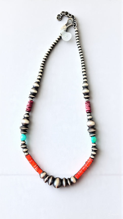 Navajo Electric Rainbow Sterling Silver, Turquoise and Spiny Oyster Single Strand Beaded Necklace by Rose Martin, 18 + 2 Inches