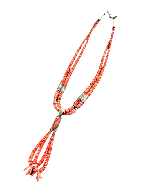 Santo Domingo (Kewa) Sterling Silver and Red Spiny Oyster Shell Jacla Bead Necklace by Daniel Coriz