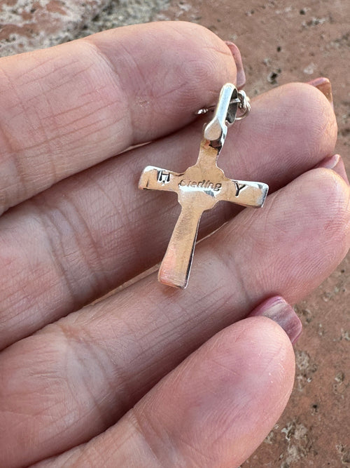 Handcrafted Sterling Silver and Turquoise Hand Stamped Cross Charm