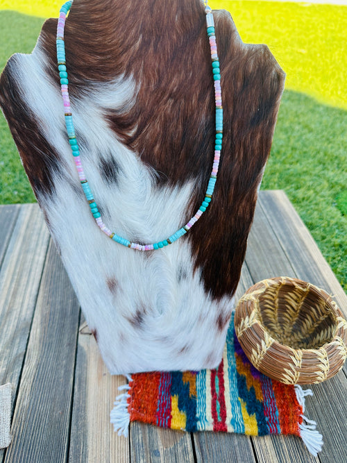 Handcrafted Queen Pink Conch, Turquoise & Sterling Silver 18” Beaded Necklace