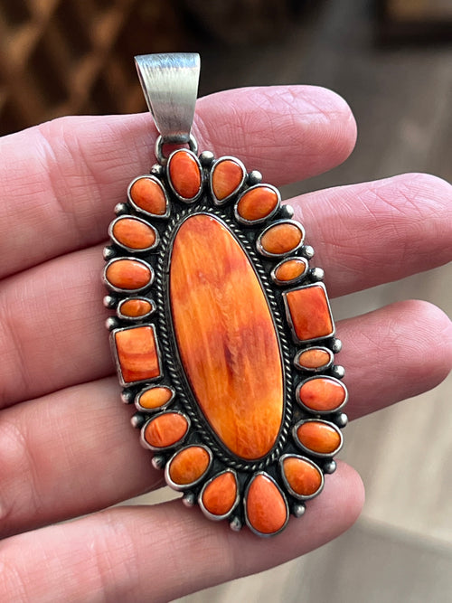 Handcrafted Sterling Silver and Spiny Oyster Shell Cluster Pendant by Loretta Delgarito