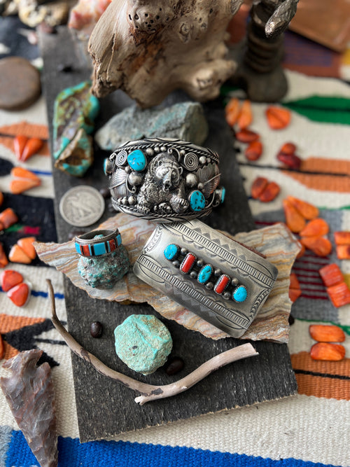 Old Pawn Sterling Silver, Turquoise, Onyx and Coral Raised Channel Inlay Ring by Deidre L Panteah