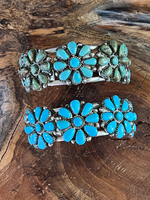 Handcrafted Old Pawn Sterling Silver and Mixed Turquoise Daisy Cluster Cuff Bracelet, Signed MA /