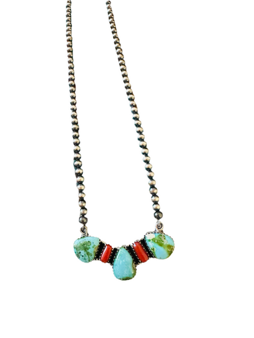 ** Christmas Collection ** Handmade Sterling Silver, Turquoise & Coral Necklace Signed Nizhoni
