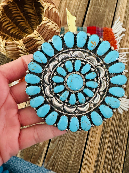 Old Pawn Handcrafted Turquoise and Sterling Silver Cluster Brooch/ Pendant