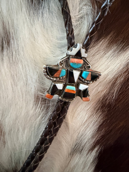 Handcrafted Vintage Old Pawn Sterling Silver & Multi Stone Inlay Thunderbird Bolo Tie