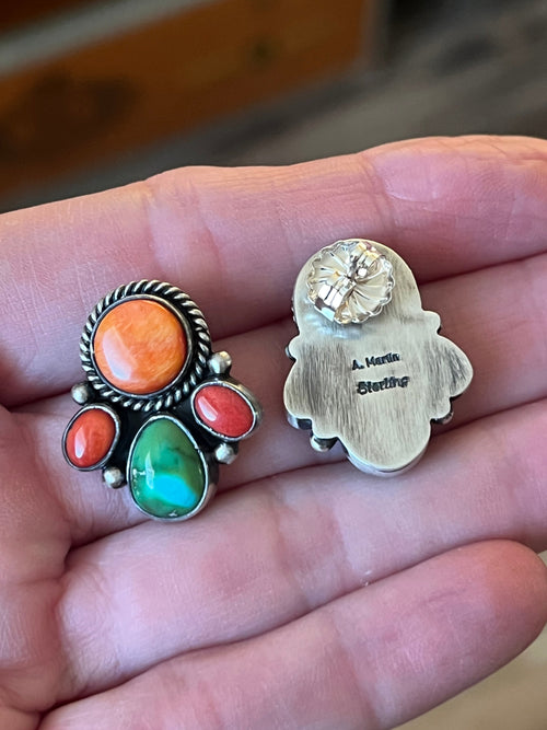 Navajo Made Sterling Silver Electric Rainbow Beaded Cluster Necklace & Earrings Set by Angela Martin