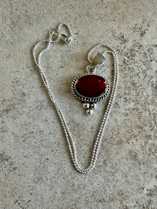 Red Jasper Oval in Rope Frame w/ Beads Necklace
