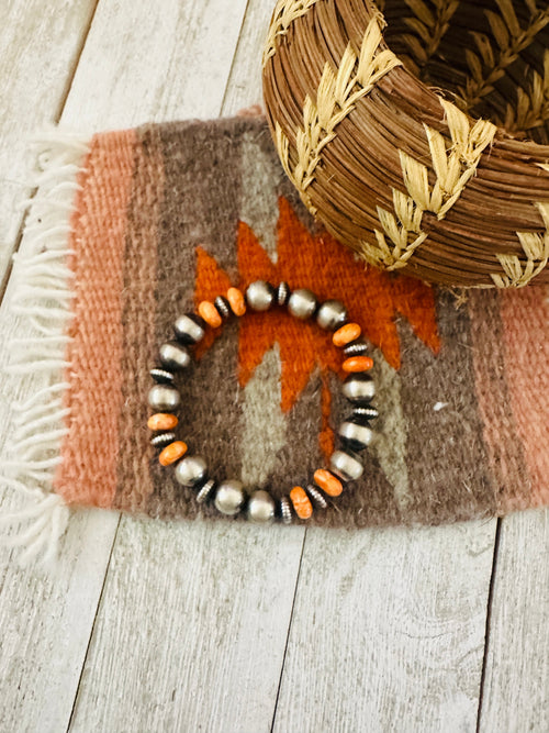 Navajo Orange Spiny & Sterling Silver Beaded Stretch Bracelet