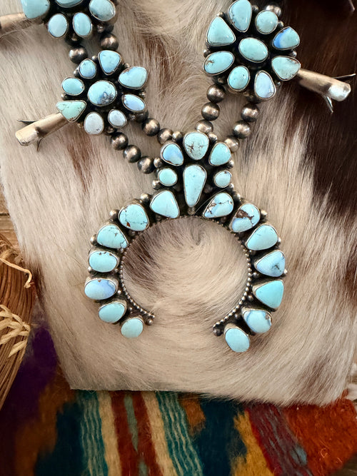 Handcrafted Golden Hills Turquoise & Sterling Silver Beaded Squash Blossom Necklace by Pansy Johnson