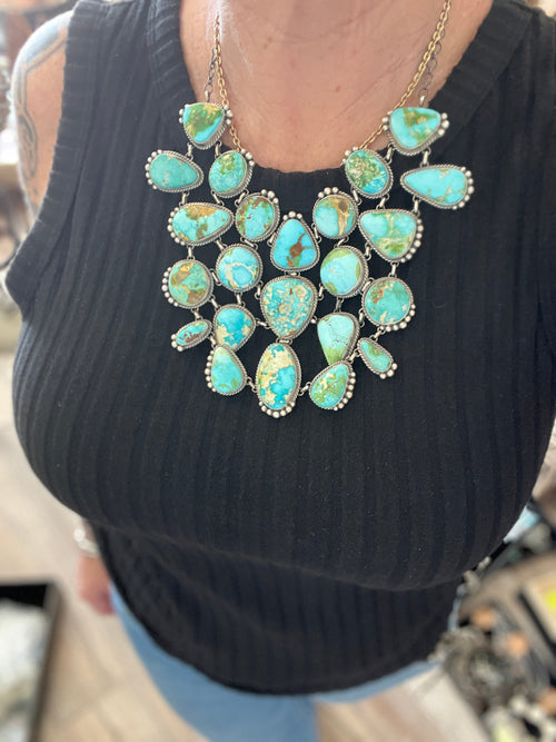 Intricate Handcrafted Sterling Silver and Sonoran Mountain Turquoise Bib Style Necklace with Earrings, Signed T. Smith