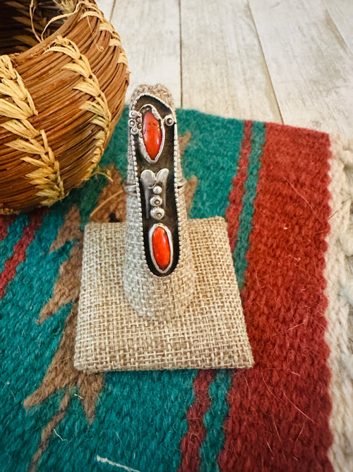 Old Pawn Navajo Sterling Silver & Coral Ring Size 6