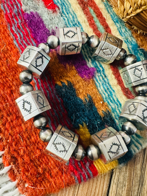 Handcrafted Hand Stamped Sterling Silver Pearl Beaded Stretch Bracelet