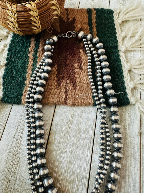 Navajo Sterling Silver Pearl Triple Strand Beaded Necklace