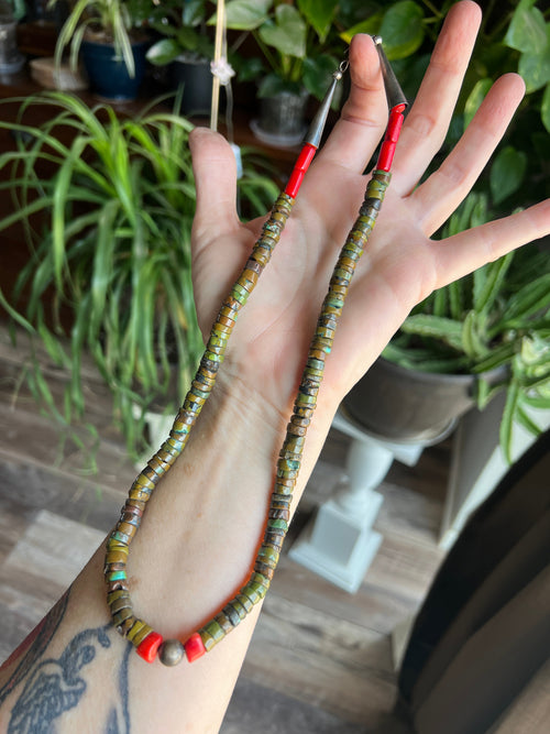 Navajo Hubei Turquoise Beaded Necklace with Sterling Silver and Bamboo Coral by Kirby Smith: 13 To Choose From!