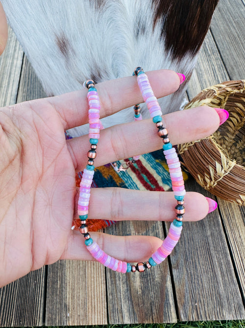 Handcrafted Queen Pink Conch, Turquoise & Copper 18” Beaded Necklace