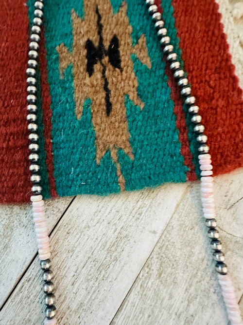 Navajo Sterling Silver Pearl & Queen Pink Conch 36” Beaded Necklace