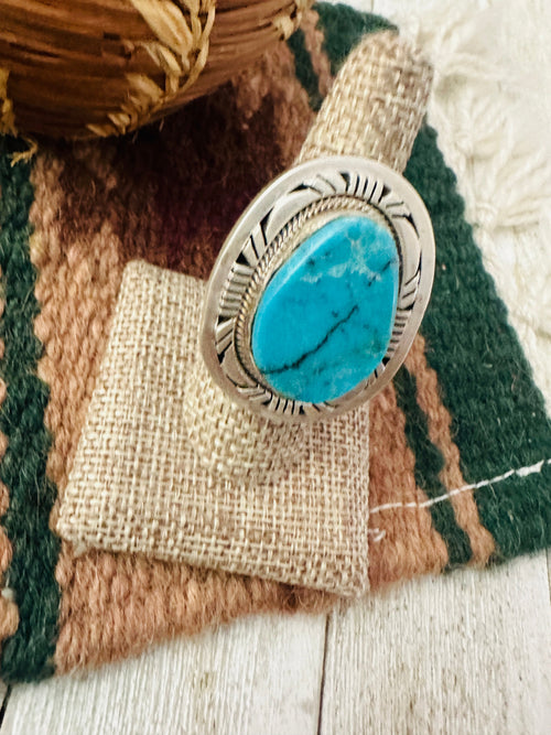 Old Pawn Handcrafted Turquoise & Sterling Silver Ring Size 8