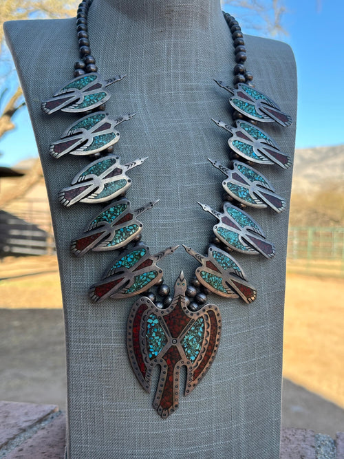 Estate Collection Old Pawn Navajo Turquoise & Coral Sterling Silver Chip Inlay Thunderbird Squash Blossom Necklace