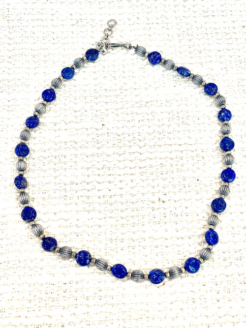 ** 4TH OF JULY ** Handmade Sterling Silver & Lapis Beaded Necklace Signed Nizhoni