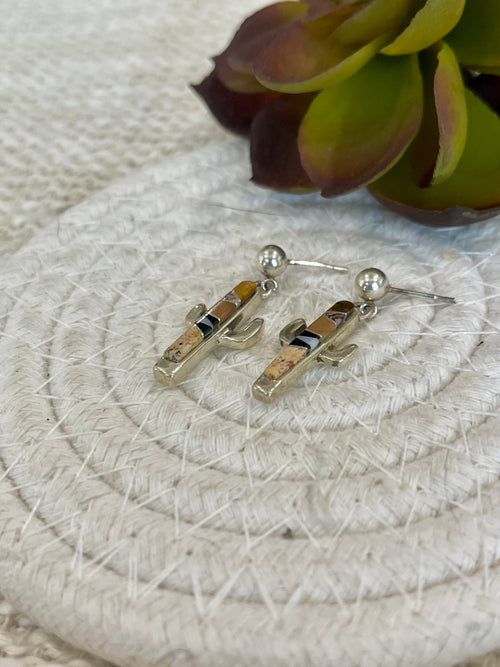 Old Pawn Sterling Silver & Multi Stone Cactus Post Dangle Earrings