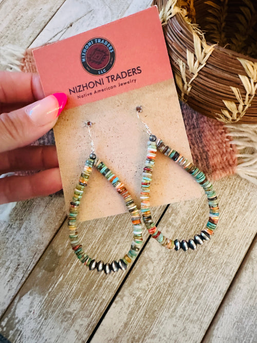 Navajo Turquoise, Spiny & Sterling Silver Beaded Teardrop Hoop Earrings
