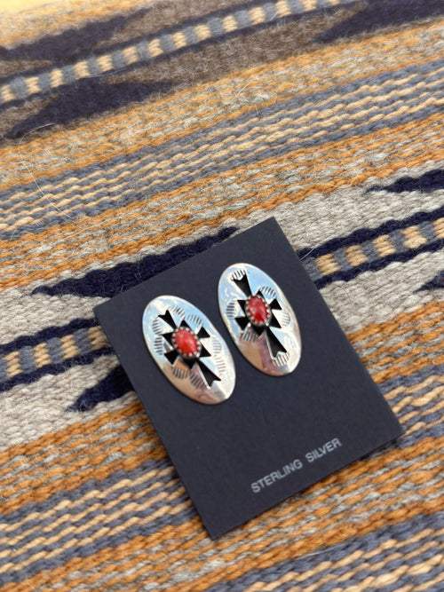 Old Pawn Sterling Silver and Coral Shadow Box Post Earrings