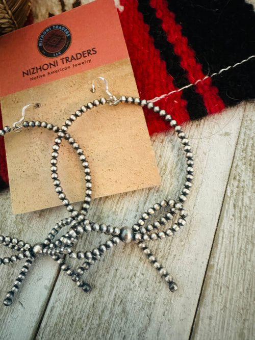 Handcrafted 3mm Sterling Silver Pearl Beaded Bow Dangle Hoop Earrings