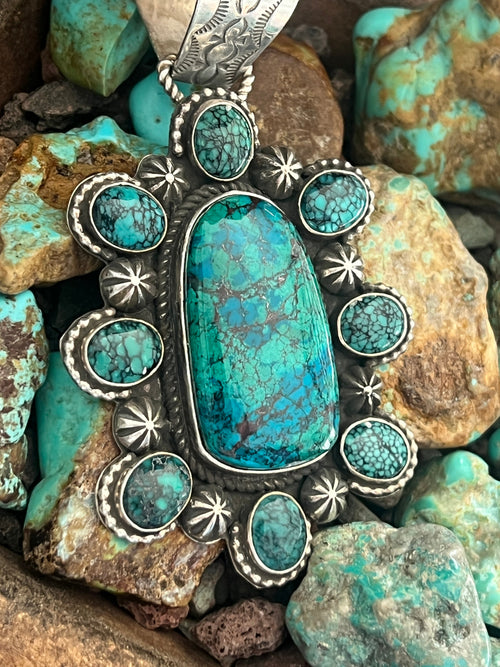 Apache Made Sterling Silver, Hubei Turquoise & Chrysocolla Cluster Pendant by Rosella Paxson