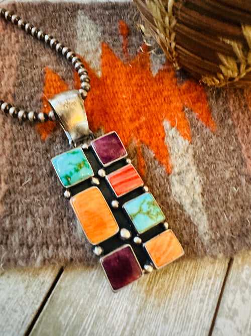 Handcrafted Electric Rainbow Turquoise, Spiny & Sterling Silver Cluster Pendant by Angela Martin