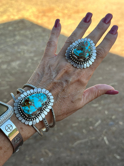 Charles Johnson Navajo Number 8 Turquoise & Sterling Silver Necklace, Bracelet and Ring Set Signed