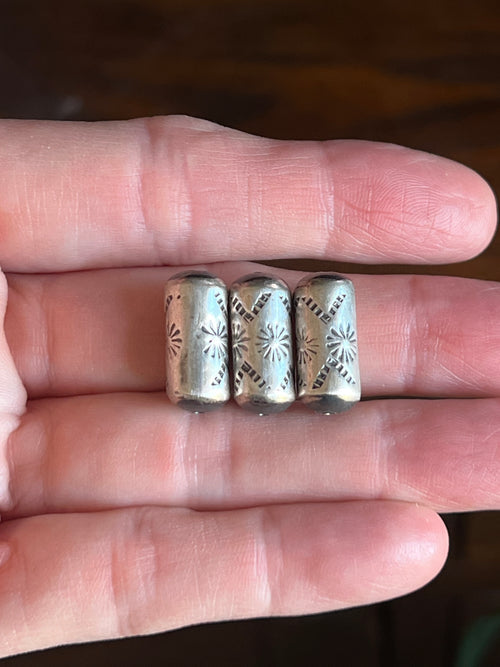 Handmade Stamped Sterling Silver Barrel Beads, The Firework