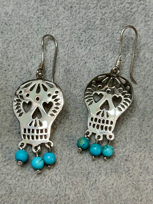 Sugar Skull with 3 Turquoise Beads Sterling Silver Earrings