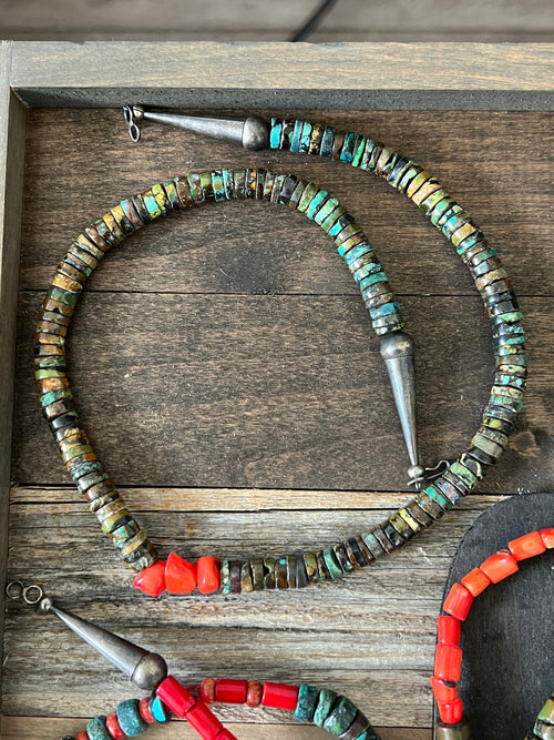 Navajo Hubei Turquoise Beaded Necklace with Sterling Silver and Bamboo Coral by Kirby Smith: 13 To Choose From!