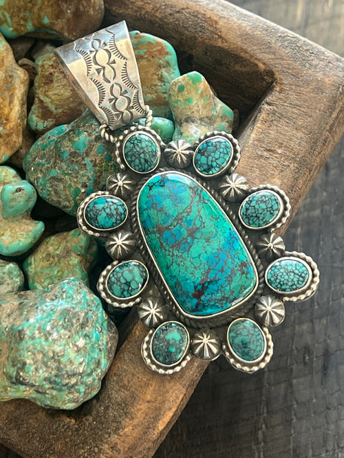 Apache Made Sterling Silver, Hubei Turquoise & Chrysocolla Cluster Pendant by Rosella Paxson