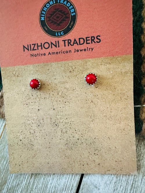 Old Pawn Navajo Sterling Silver & Coral Stud Earrings