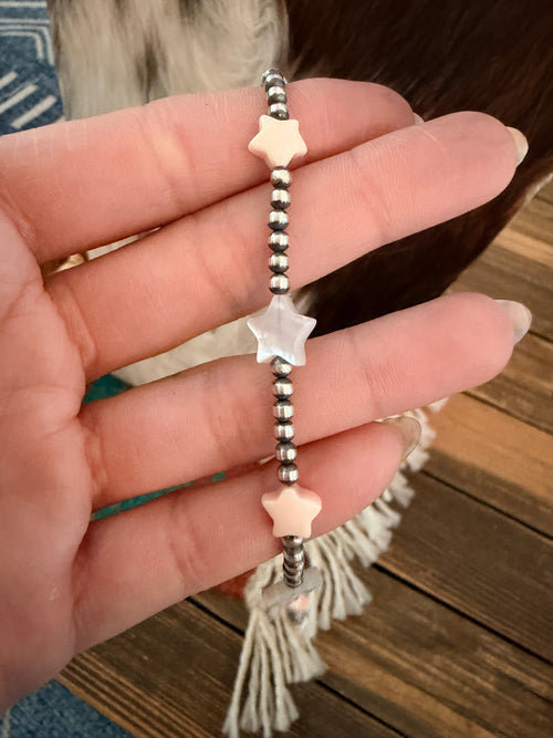 Handcrafted Mother of Pearl Star and Sterling Silver Pearl Beaded Necklace